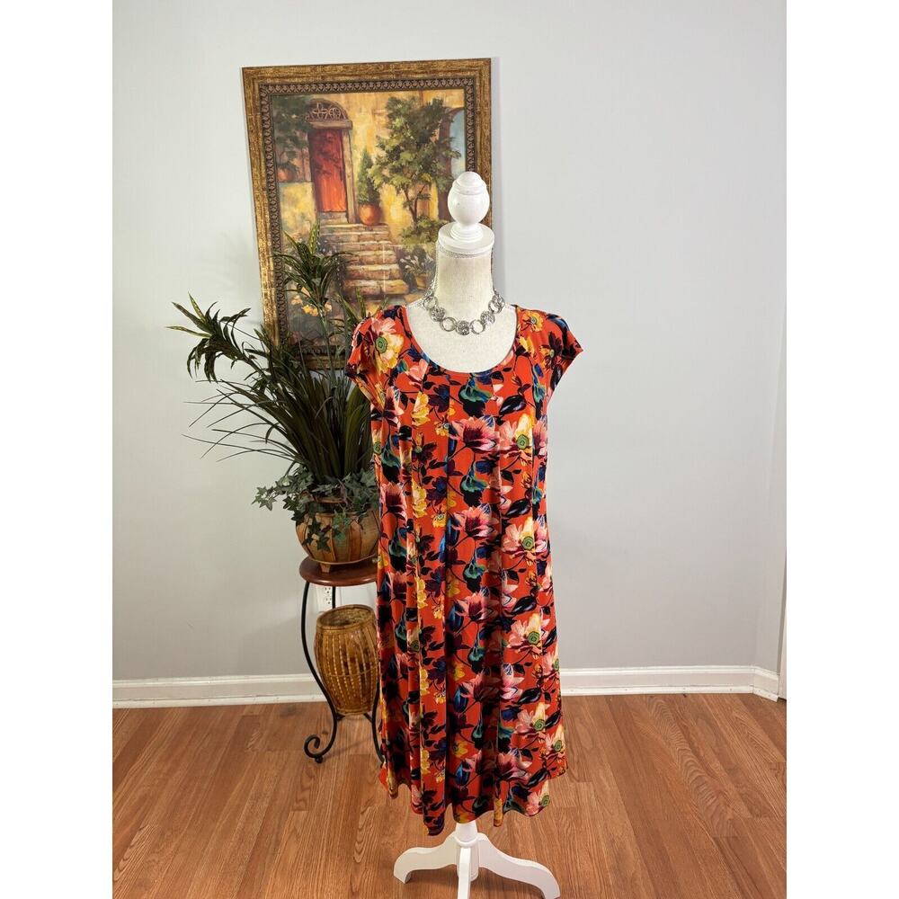 Gabby Skye Shift Dress Women Size 10 Orange Floral Pleated Short Sleeve Pullover